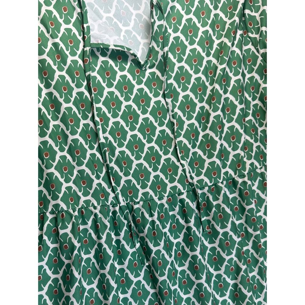 2X Green Geometric Maxi Dress Bubble Sleeve Tiered Boho Plus Size - Picture 3 of 12
